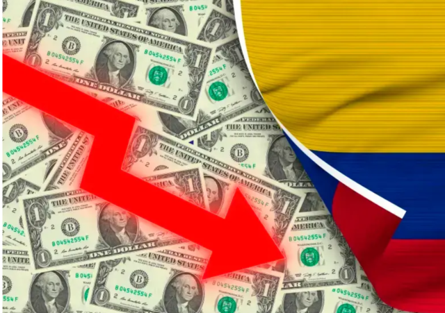 Bandera de Colombia, flecha decreciendo, billetes de un dólar