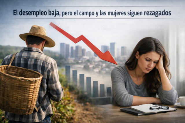 Campesino y mujer en la imagen con una flecha roja al medio dando a entender que el desempleo baja