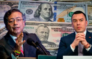 Crisis comercial con Ecuador ya deja pérdidas por US$340 millones en Colombia Presidente Gustavo Petro y Daniel Noboa, foto de dinero a las espaldas.