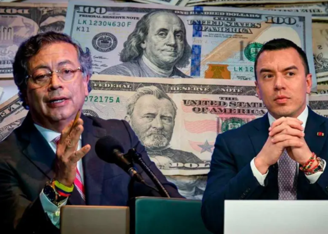 Presidente Gustavo Petro y Daniel Noboa, foto de dinero a las espaldas.