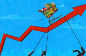 La economía volvió a trabarse entre la inflación y la incertidumbre Gráfico lineal con una cesta de alimentos, 3 personas jalando hacia abajo.